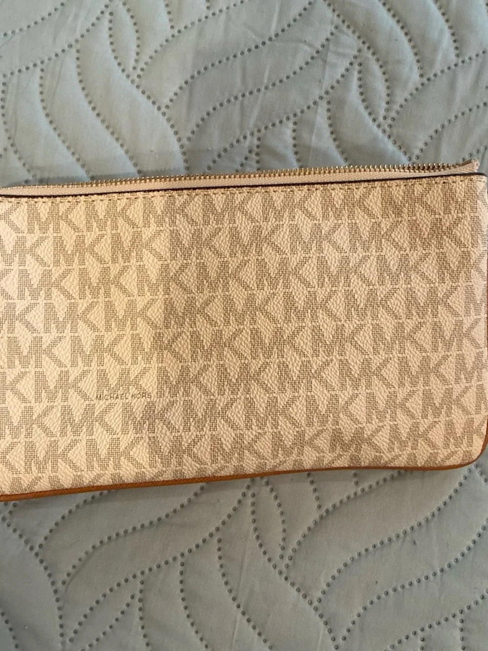 Michael Kors Beige Monogram Wristlet with Brown Leather Trim